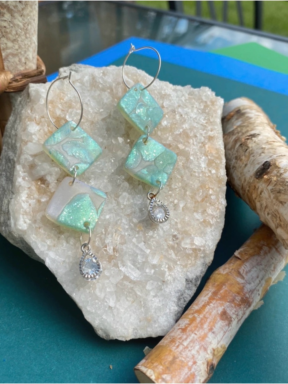 Handmade Polymer Clay Mint Green Dangle Earrings with Teardrop Charm - Picture 2 of 4